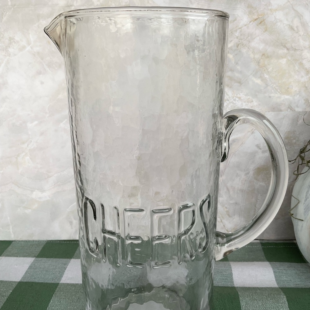Hammered Glassware pitcher with Cheers imprinted in glass